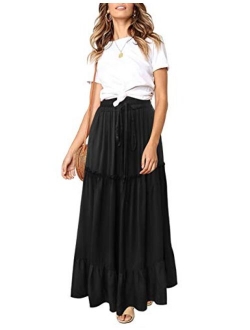 Women's Boho Floral Print Elastic High Waist Pleated A Line Midi Skirt with Pockets