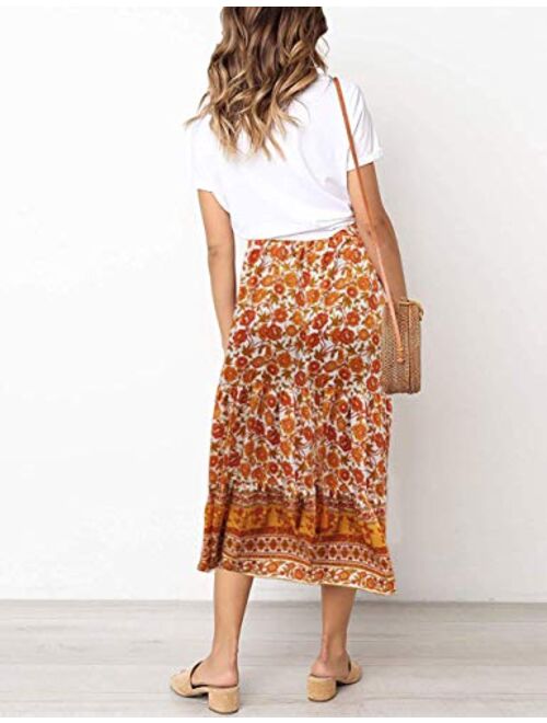 MEROKEETY Women's Boho Floral Print Elastic High Waist Pleated A Line Midi Skirt with Pockets