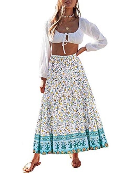 MEROKEETY Women's Boho Floral Print Elastic High Waist Pleated A Line Midi Skirt with Pockets