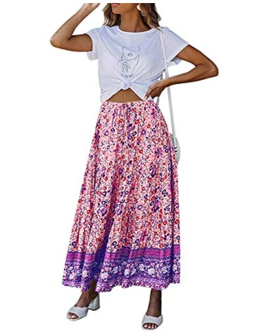 MEROKEETY Women's Boho Floral Print Elastic High Waist Pleated A Line Midi Skirt with Pockets