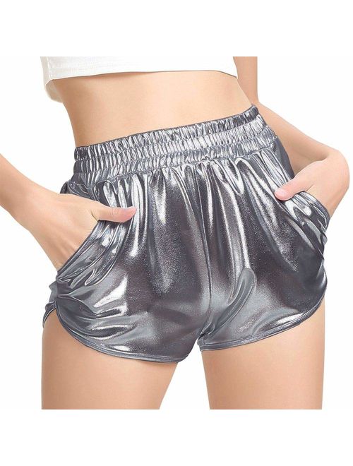 PESION Women's Metallic Shiny Shorts Sparkly Rave Hot Short Pants