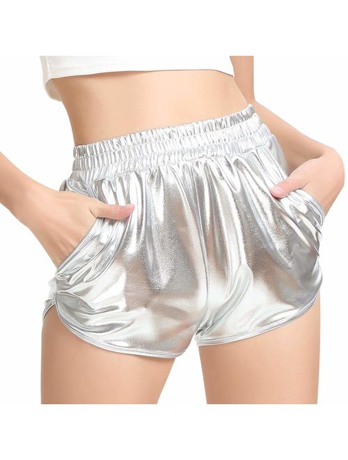 PESION Women's Metallic Shiny Shorts Sparkly Rave Hot Short Pants