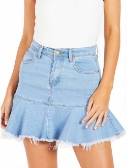 Angelegant Jean Skirt Women's High Waisted Fringed Slim Fit Elastic Bodycon Mini Denim Skirt