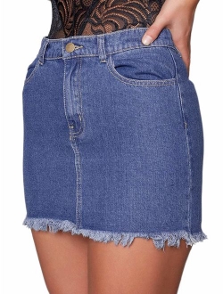 Angelegant Jean Skirt Women's High Waisted Fringed Slim Fit Elastic Bodycon Mini Denim Skirt