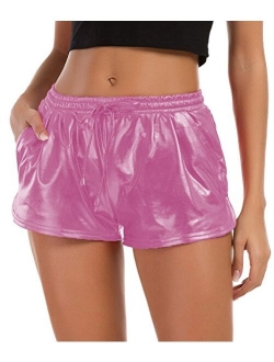 Tandisk Women's Yoga Hot Shorts, Shiny Metallic Pants with Elastic Drawstring