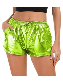 Tandisk Women's Yoga Hot Shorts, Shiny Metallic Pants with Elastic Drawstring