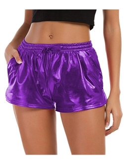 Tandisk Women's Yoga Hot Shorts, Shiny Metallic Pants with Elastic Drawstring