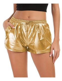 Tandisk Women's Yoga Hot Shorts, Shiny Metallic Pants with Elastic Drawstring