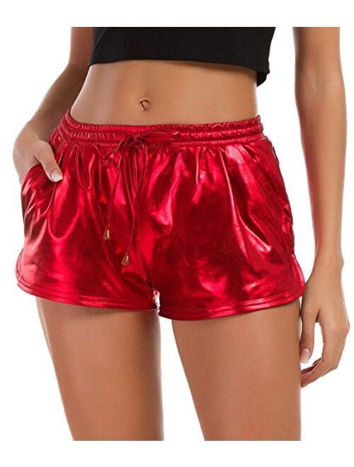 Tandisk Women's Yoga Hot Shorts, Shiny Metallic Pants with Elastic Drawstring