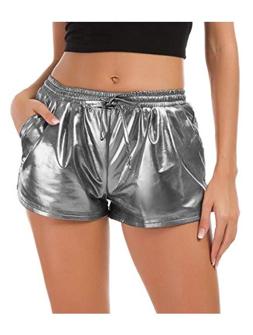 Tandisk Women's Yoga Hot Shorts, Shiny Metallic Pants with Elastic Drawstring