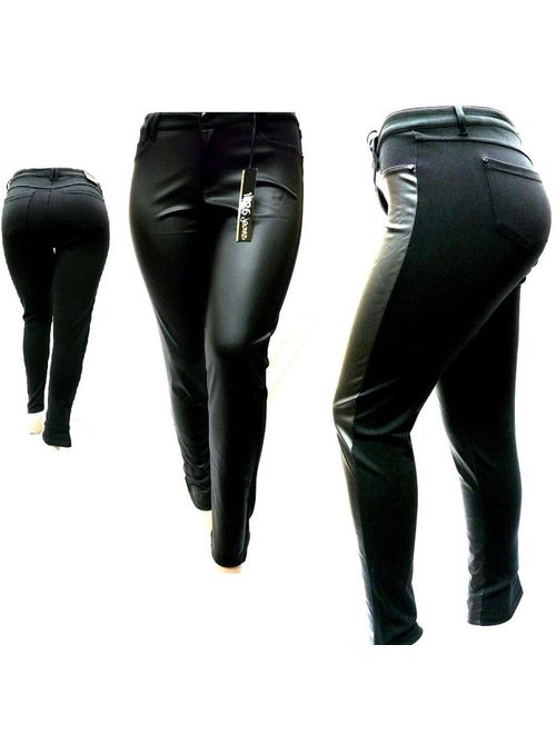 1826 Faux Leather Black Stretch Women's Plus Size Skinny Ponte/PU Pants/Shorts Clubwear