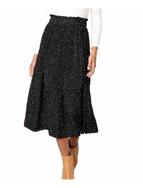 Astraet Women's High Waist Polka DotLeopard Pleated Midi Skirt with Pockets