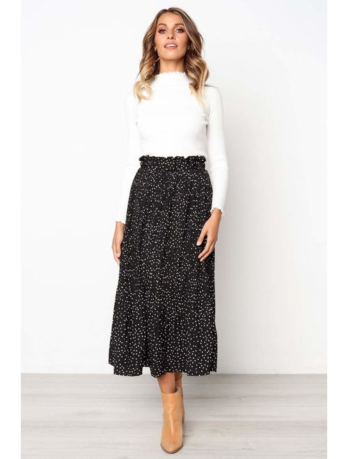 Astraet Women's High Waist Polka DotLeopard Pleated Midi Skirt with Pockets