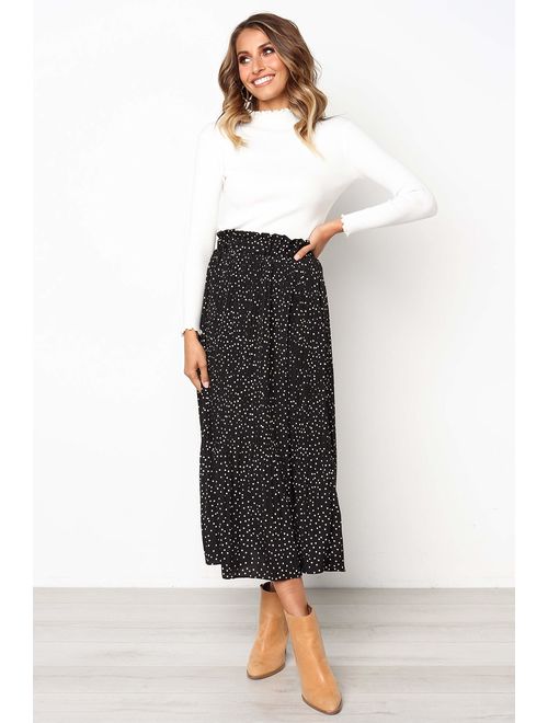 Astraet Women's High Waist Polka DotLeopard Pleated Midi Skirt with Pockets