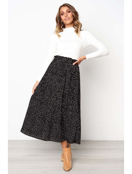 Astraet Women's High Waist Polka DotLeopard Pleated Midi Skirt with Pockets