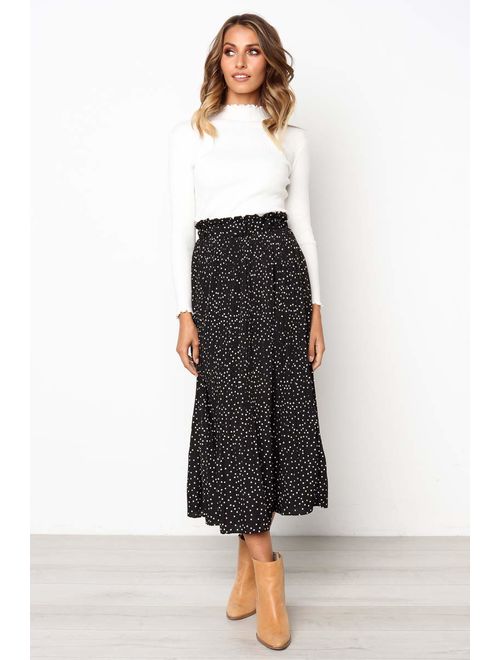 Astraet Women's High Waist Polka DotLeopard Pleated Midi Skirt with Pockets