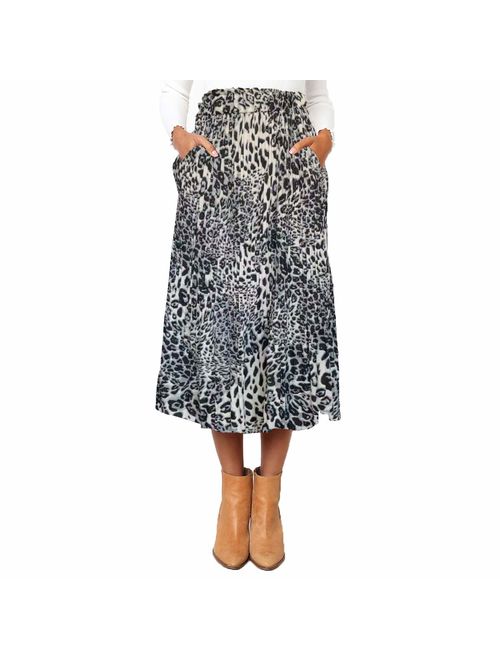 Astraet Women's High Waist Polka DotLeopard Pleated Midi Skirt with Pockets