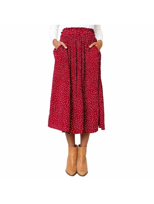 Astraet Women's High Waist Polka DotLeopard Pleated Midi Skirt with Pockets