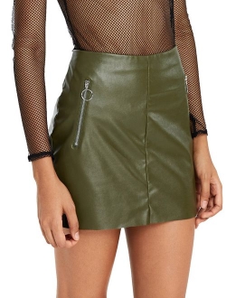 Women's Pocket Zipper Faux Leather Bodycon Short Skirt