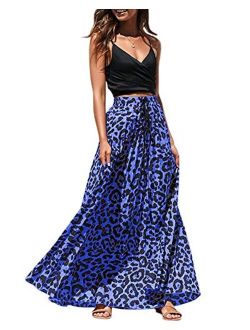 Imysty Womens Leopard Print Long Skirts Drawstring High Waisted Bohemian Maxi Skirt