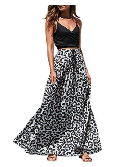 Imysty Womens Leopard Print Long Skirts Drawstring High Waisted Bohemian Maxi Skirt