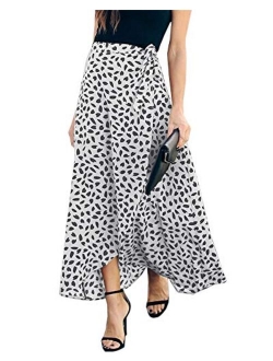 Imysty Womens Leopard Print Long Skirts Drawstring High Waisted Bohemian Maxi Skirt