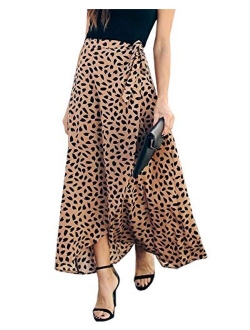 Imysty Womens Leopard Print Long Skirts Drawstring High Waisted Bohemian Maxi Skirt