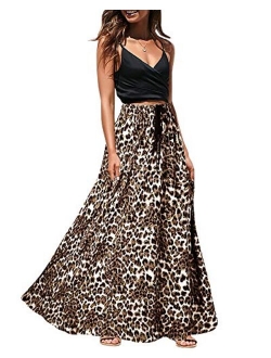 Imysty Womens Leopard Print Long Skirts Drawstring High Waisted Bohemian Maxi Skirt