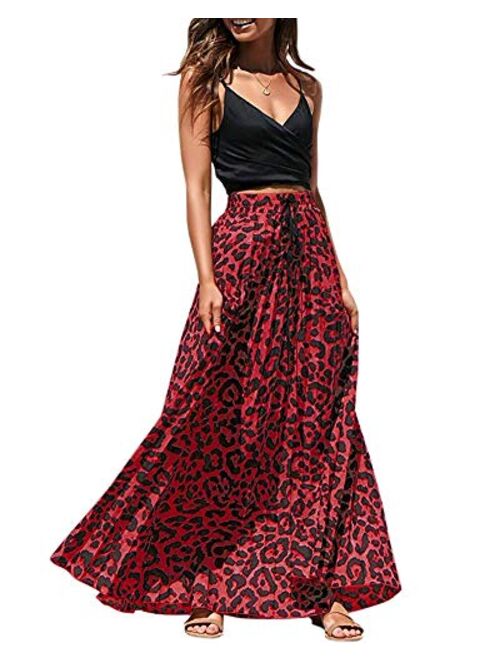 Imysty Womens Leopard Print Long Skirts Drawstring High Waisted Bohemian Maxi Skirt