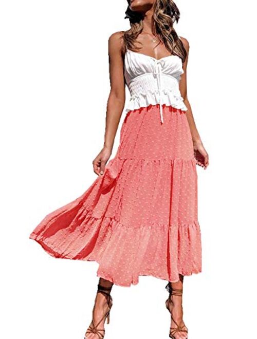 Imysty Womens Leopard Print Long Skirts Drawstring High Waisted Bohemian Maxi Skirt