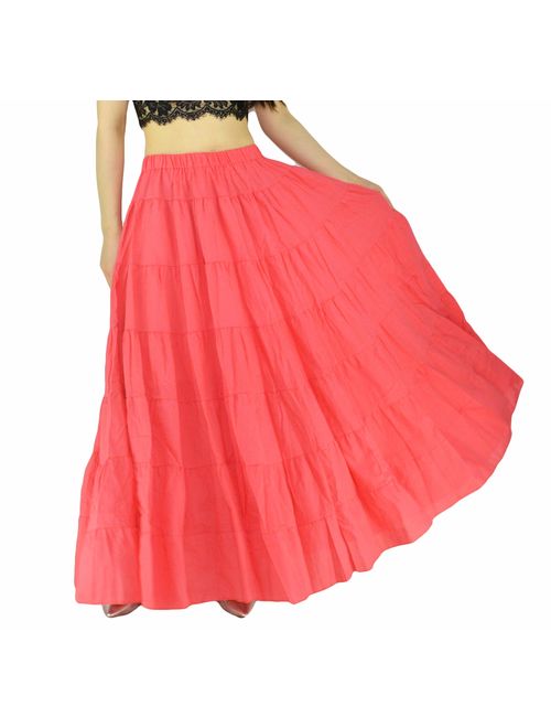 YSJERA Women's Cotton 5 Tiered A Line Pleated Maxi Skirt Long Boho Gypsy Dance Skirts