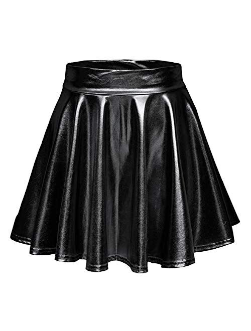 Urban CoCo Women's Shiny Flared Pleated Mini Skater Skirt