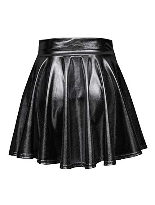 Urban CoCo Women's Shiny Flared Pleated Mini Skater Skirt