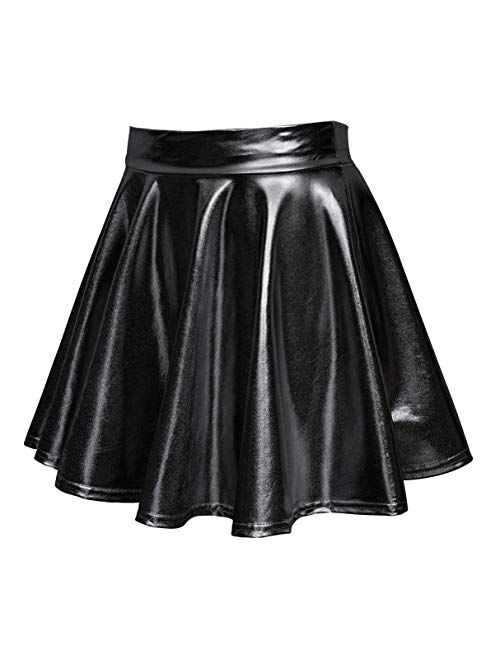 Urban CoCo Women's Shiny Flared Pleated Mini Skater Skirt