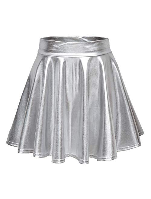 Urban CoCo Women's Shiny Flared Pleated Mini Skater Skirt