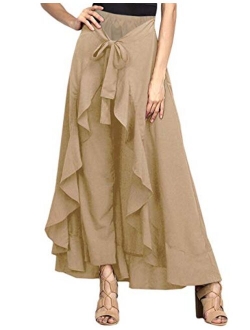 Lrady Women's Ruffle Pants Plain Split Tie-Waist Maxi Long Palazzo Overlay Pant Skirts