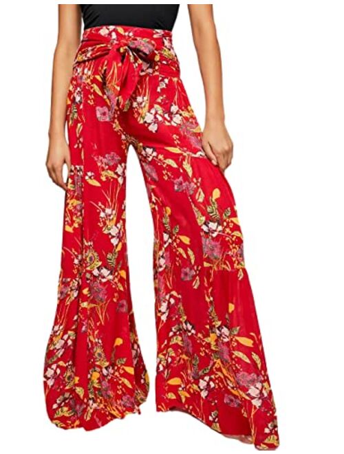 Lrady Women's Ruffle Pants Plain Split Tie-Waist Maxi Long Palazzo Overlay Pant Skirts