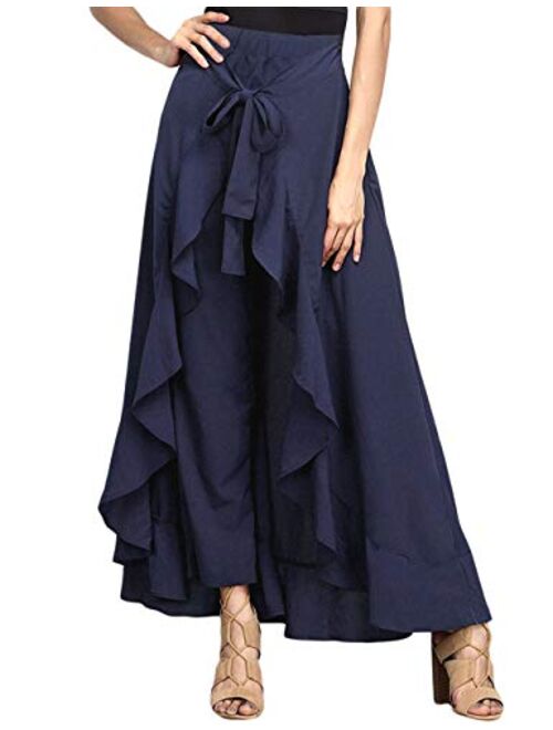 Lrady Women's Ruffle Pants Plain Split Tie-Waist Maxi Long Palazzo Overlay Pant Skirts