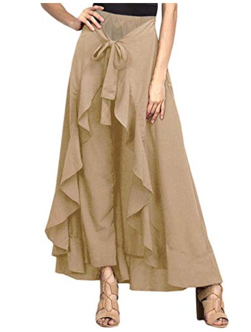 Lrady Women's Ruffle Pants Plain Split Tie-Waist Maxi Long Palazzo Overlay Pant Skirts