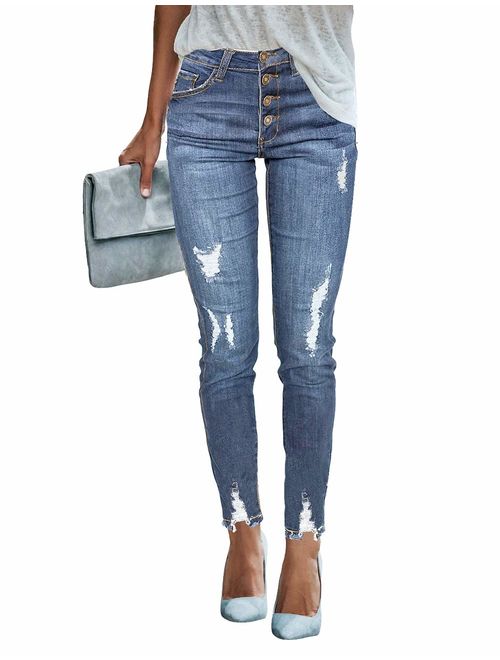 ACKKIA Women's Elastic Waist Skinny Stretch Ripped Distressed Denim Jeans Pants