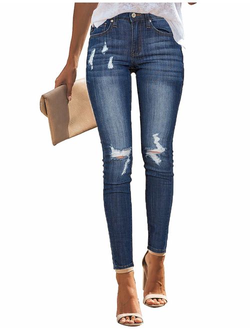 ACKKIA Women's Elastic Waist Skinny Stretch Ripped Distressed Denim Jeans Pants