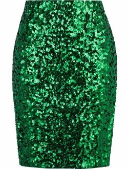 VIJIV Women's Sequin Skirt Midi High Waist Elegant Stretchy Sparkle Side Slit Pencil Skirt Party Cocktail