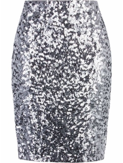 VIJIV Women's Sequin Skirt Midi High Waist Elegant Stretchy Sparkle Side Slit Pencil Skirt Party Cocktail