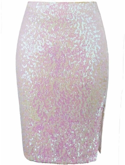 VIJIV Women's Sequin Skirt Midi High Waist Elegant Stretchy Sparkle Side Slit Pencil Skirt Party Cocktail