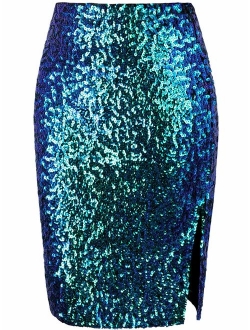 VIJIV Women's Sequin Skirt Midi High Waist Elegant Stretchy Sparkle Side Slit Pencil Skirt Party Cocktail