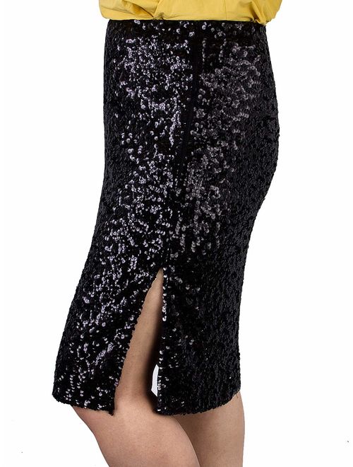 VIJIV Women's Sequin Skirt Midi High Waist Elegant Stretchy Sparkle Side Slit Pencil Skirt Party Cocktail