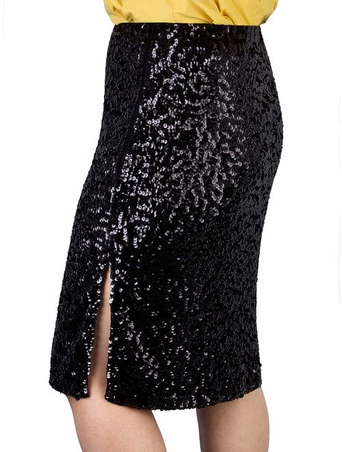 VIJIV Women's Sequin Skirt Midi High Waist Elegant Stretchy Sparkle Side Slit Pencil Skirt Party Cocktail