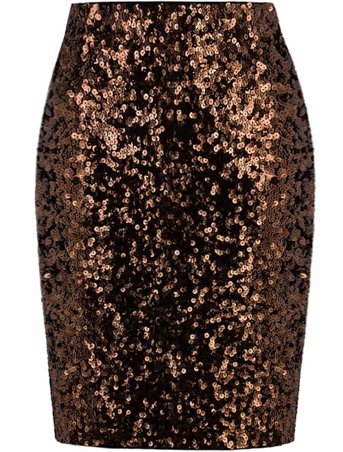 VIJIV Women's Sequin Skirt Midi High Waist Elegant Stretchy Sparkle Side Slit Pencil Skirt Party Cocktail