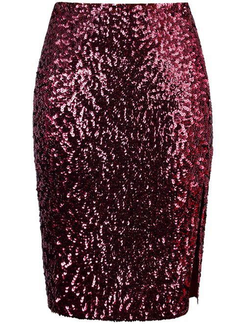 VIJIV Women's Sequin Skirt Midi High Waist Elegant Stretchy Sparkle Side Slit Pencil Skirt Party Cocktail