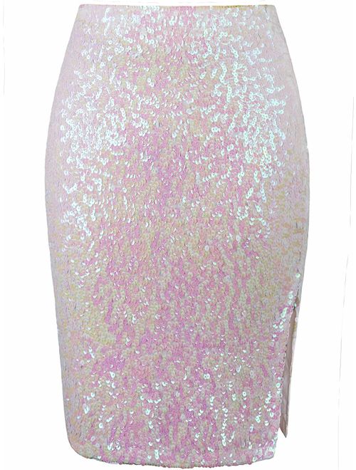 VIJIV Women's Sequin Skirt Midi High Waist Elegant Stretchy Sparkle Side Slit Pencil Skirt Party Cocktail